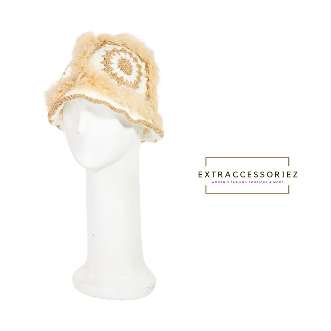 Faux Fur Crochet Bucket Hat - Ivory