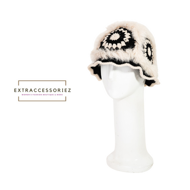 Faux Fur Crochet Bucket Hat - Black